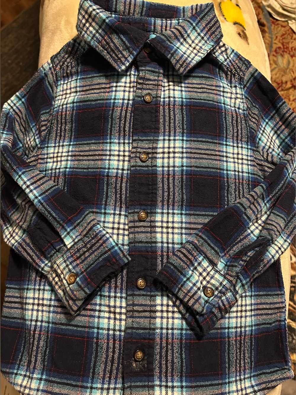 OshKosh B'gosh Boy’s Plaid Flannel Cabincore Navy and Red Button-Down Shirt Sz 7